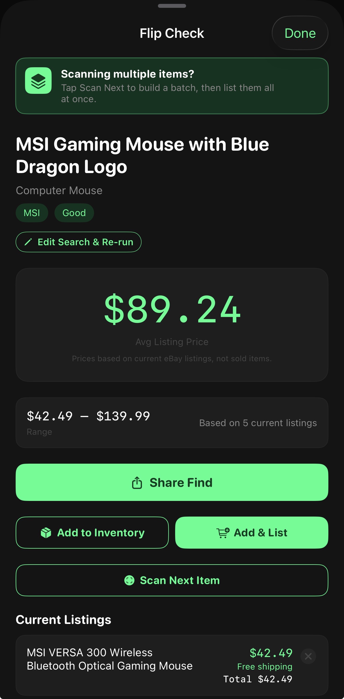Haul Flip Check screen showing avg eBay listing price for a scanned item