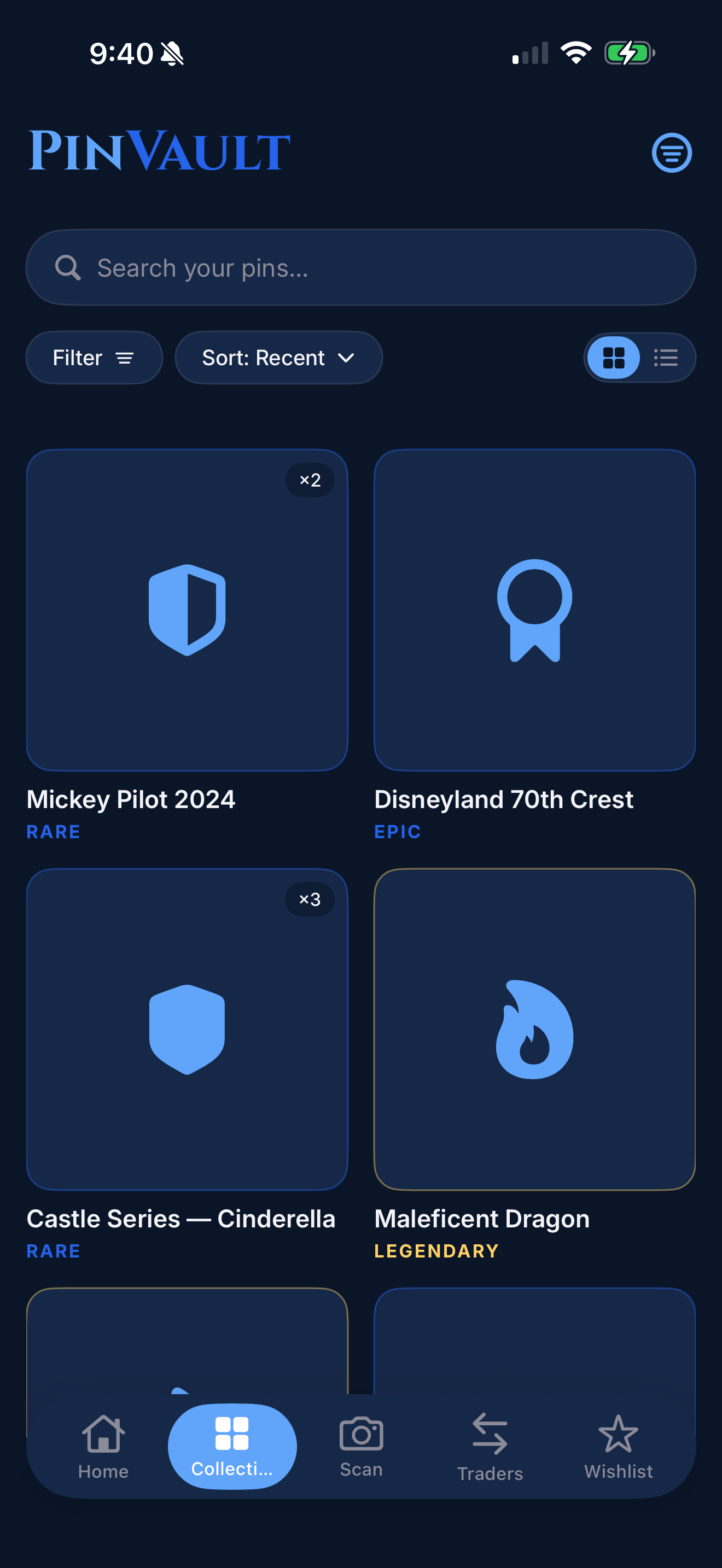 PinVault collection list view on iPhone